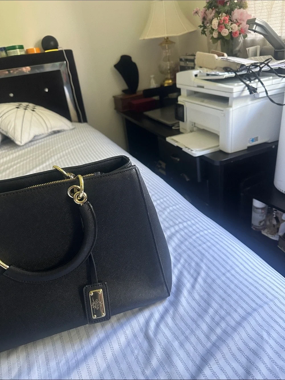Structured Black Satchel with Gold Accent Hardware